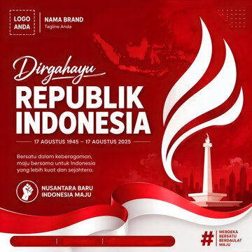 Indonesian Independence Day social media post template. Dirgahayu Republik Indonesia celebration banner. Red and white patriotic poster.