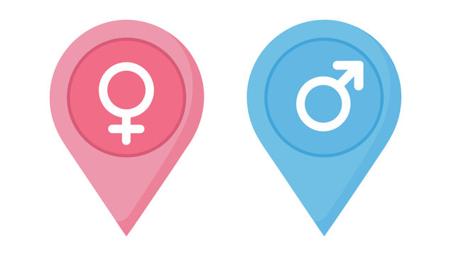 Gender Icons Location Pin: Two location pins, one pink with a female symbol and one blue with a male symbol, signify gendered places or choices.