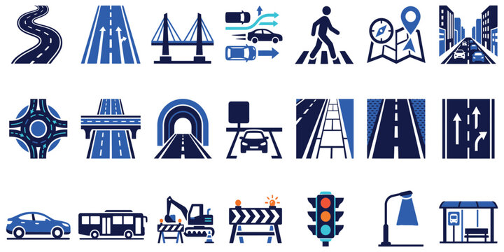 Road and transportation infrastructure vector icons set with traffic elements.