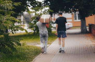 Two men walking down provincial street carrying large cardboard box © arvisserg