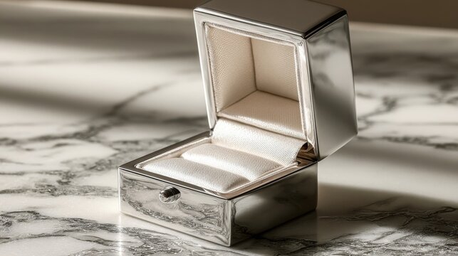 Empty hinged gift box interior in close-up three-quarter view