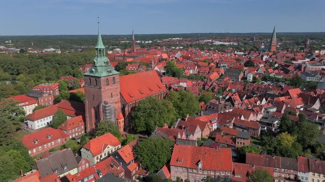 Luneburg, the German medieval town on SUnny day, Aerial shot. Northern Fachwerk and Brick Facades in Lueneburg, Germany.