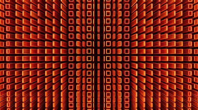 Abstract Red Glowing Louver Pattern with Geometric Vertical 3D Bars and Depth of Field