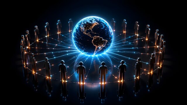 Futuristic global digital network with glowing nodes connecting human figures around an illuminated Earth in dark space