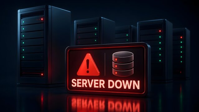 Illuminated server down warning sign with error icons positioned in front of dark network server racks in a data room.