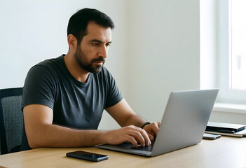 Fototapeta premium Focused man working remotely on a laptop at a wooden desk in a bright home office environment