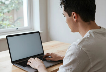 Fototapeta premium Young man working remotely on a laptop at a wooden desk near a window, focused on his online tasks