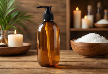 Obraz premium Amber pump bottle with liquid soap on a rustic wooden table, surrounded by spa elements and flickering candles