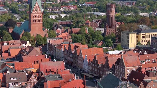 Luneburg, the German medieval town on SUnny day, Aerial shot. Northern Fachwerk and Brick Facades in Lueneburg, Germany.