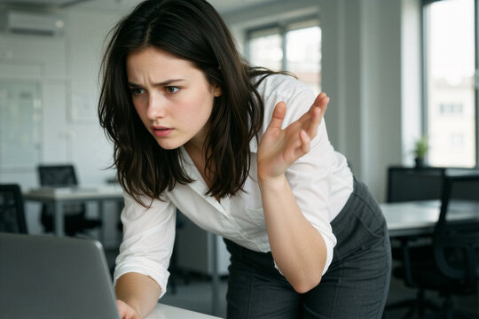 A frustrated adolescent girl stares intently at her laptop with a confused expression in a brightly lit, minimalistic modern office.
