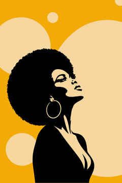Stylish vector illustration of a beautiful African American woman with afro hair against a yellow and cream abstract background