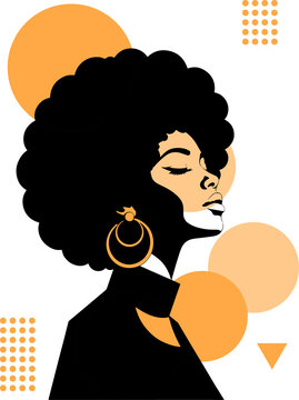 Abstract vector illustration of a beautiful African American woman with afro hair and geometric shapes in orange and black tones