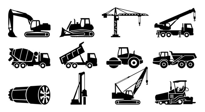 Heavy Construction Machinery Silhouette Icon Set &ndash; Excavator, Crane, Bulldozer, Dump Truck, Road Roller &ndash; Industrial Equipment Vector Collection
