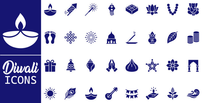 Diwali Festival Line Icon Set with Traditional Symbols.
