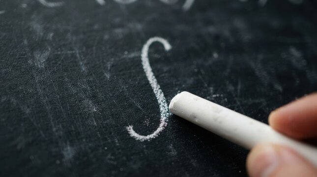 Close up of person writing mathematical integral sign on chalkboard with white chalk for education concept