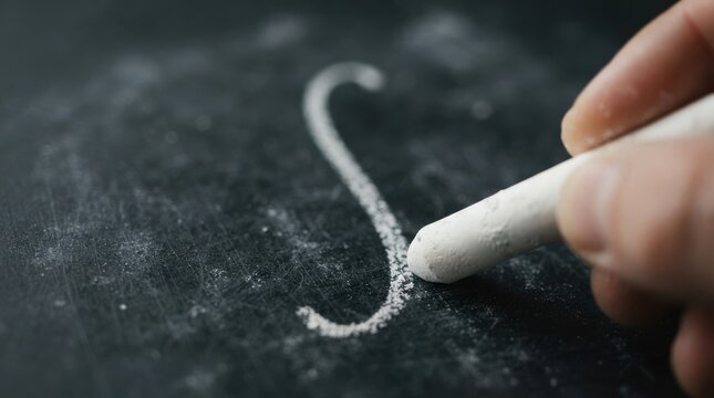 Close-up of a hand writing an integral sign with white chalk on a dark blackboard representing mathematics