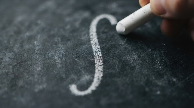 Close up of person writing an integral calculus sign with white chalk on a dark blackboard representing mathematics education and learning