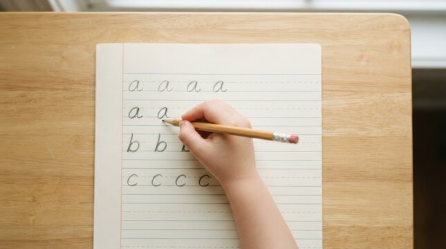 Young child practicing handwriting and cursive letters on lined paper with a pencil