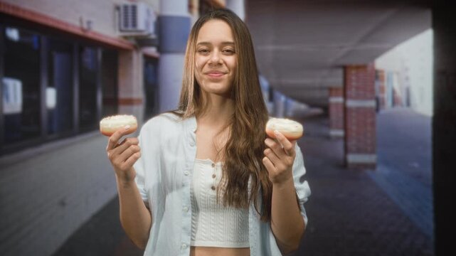 Woman holding two donuts with both hands and smiling in a covered urban street underpass wearing a white crop top and open shirt; joy.