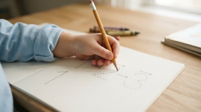 Toddler boy practicing handwriting and tracing numbers in a workbook at home