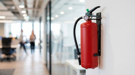 Obraz premium Red fire extinguisher mounted on a wall in a bright modern office corridor. Corporate building safety and emergency compliance concept. Blurred background with people talking