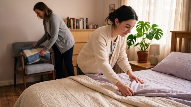 Young resident prepares a restful room in a first apartment