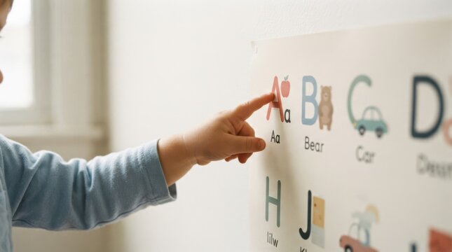 Toddler learning alphabet letters pointing at wall chart in room