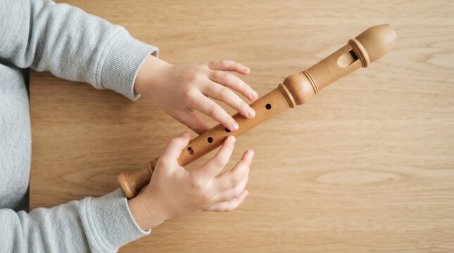 Child playing wooden recorder flute on a wooden table, top view closeup