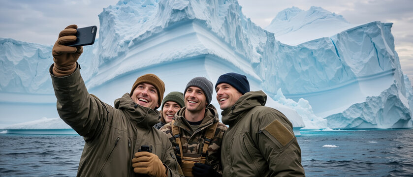 Group of military men taking selfie in front of massive iceberg. Friends on arctic expedition smiling for photo. Winter adventure and polar travel concept