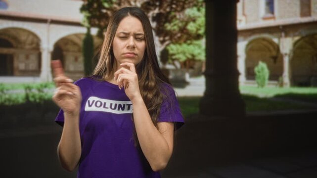 Woman volunteer brunette wearing purple volunteer tshirt points finger and rests chin in building courtyard with stone archways and cloister walkways; doubt reflection.