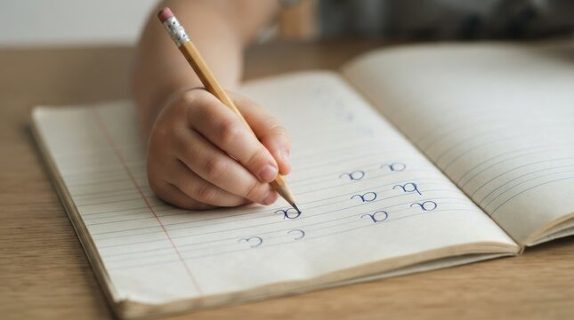 Young Caucasian child learning handwriting and practicing cursive letters in a notebook at school
