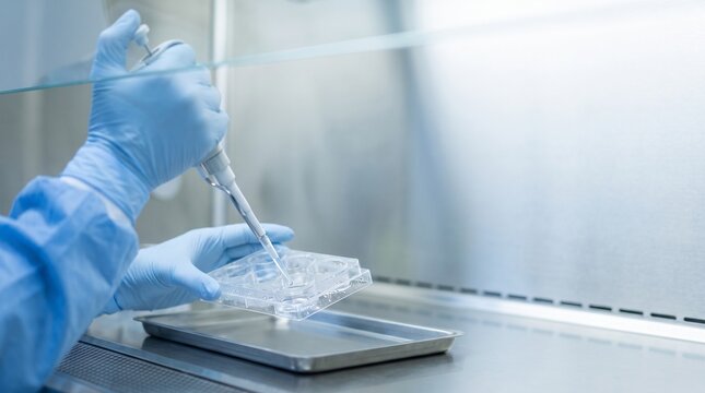Gloved hands prepare cell cultures under sterile airflow