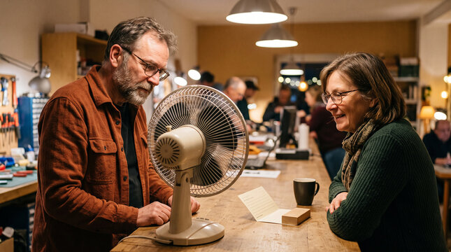 Volunteer checks a repaired desk fan at community workshop