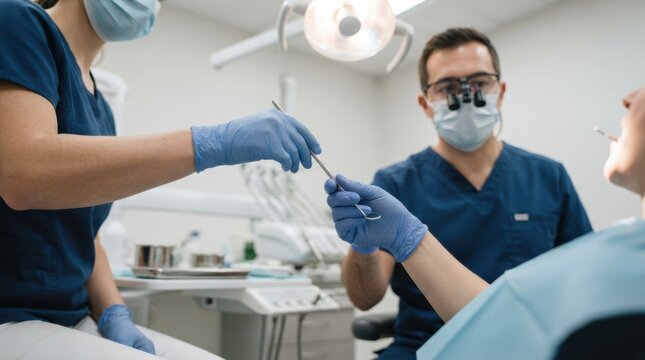 Dentist and dental assistant holding dental tools in a modern dental clinic setting for patient care