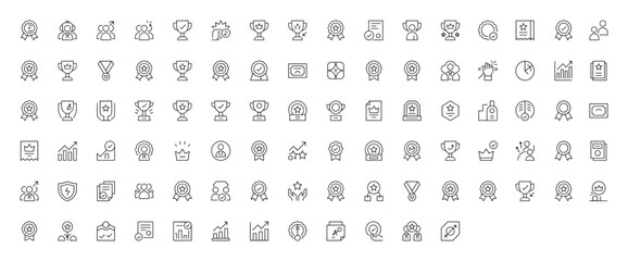 Fototapeta premium Achievement Icons Collection: A comprehensive set of line art icons symbolizing achievement, awards, success, and business goals, perfect for modern digital designs.