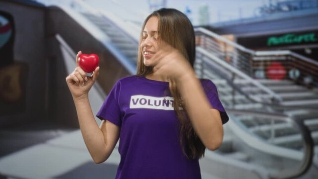 Woman volunteer holding a red heart and pointing finger by an escalator in building; charity joyful.