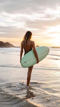 Woman Carrying Surfboard into Ocean Vertical Video