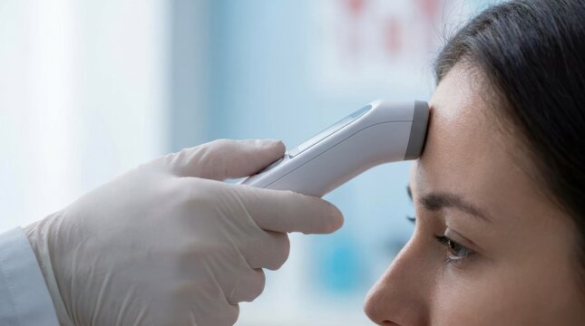 Young woman having her temperature measured with an infrared thermometer on her forehead by a doctor