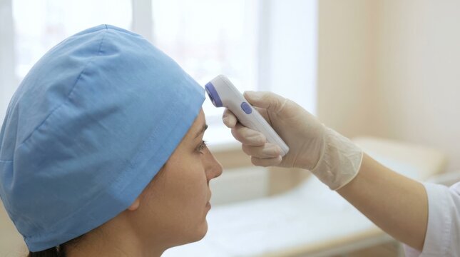 Medical worker taking temperature of a young woman with a contactless infrared thermometer