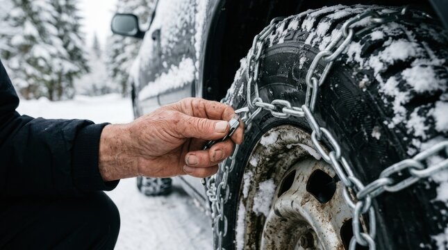 Senior man mounting snow chains on car tire for safe winter driving on icy mountain roads
