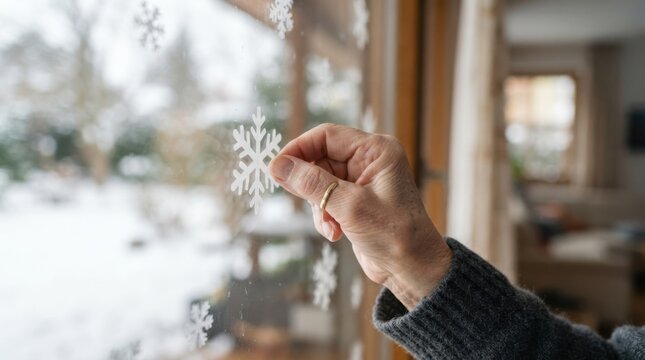 Elderly woman applying snowflake sticker on window for winter decoration at home