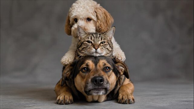 Small Dog Perched on Larger Dog in Playful Portrait