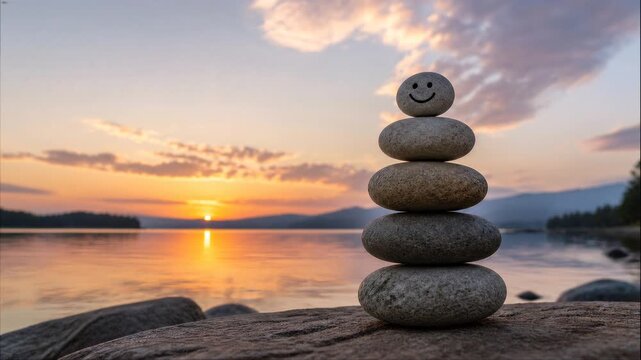 Balanced Zen Stones at Peaceful Sunset