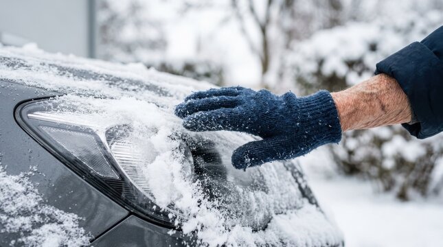 Elderly man clearing snow from car headlight with a knitted glove in winter