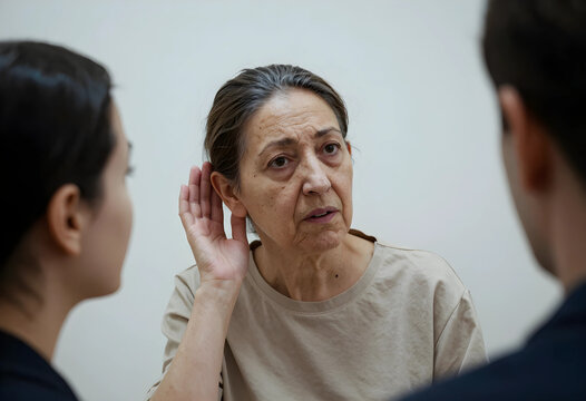 Elderly woman cupping ear to hear better during conversation, hearing loss and communication difficulty, Geriatric health concerns and the importance of audiology services