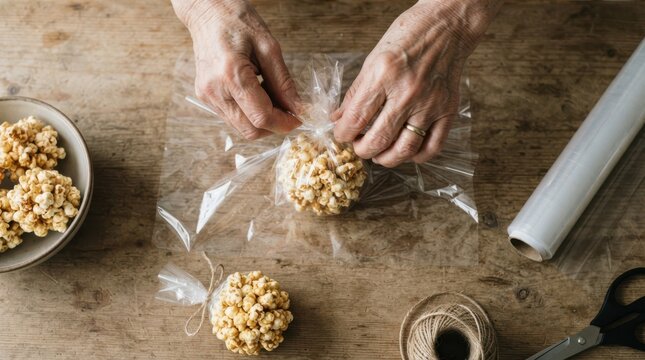 Elderly woman wrapping delicious caramel popcorn balls in clear plastic wrap at home