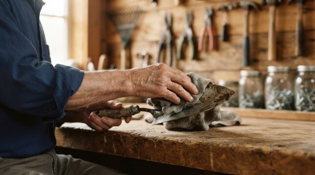 Elderly Caucasian male craftsman cleaning a vintage trowel with a rag in his wooden workshop