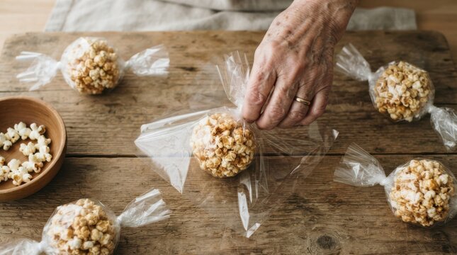 Elderly woman wrapping homemade caramel popcorn balls in clear plastic cellophane on a wooden kitchen table