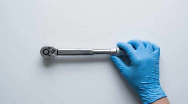 Gloved hand holding a torque wrench on a white background representing precision maintenance work