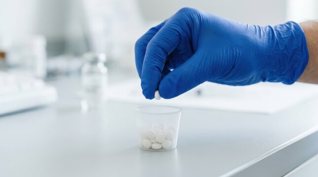 Medical professional wearing blue gloves dropping a white pill into a medicine cup in a clinic setting representing healthcare and medication management